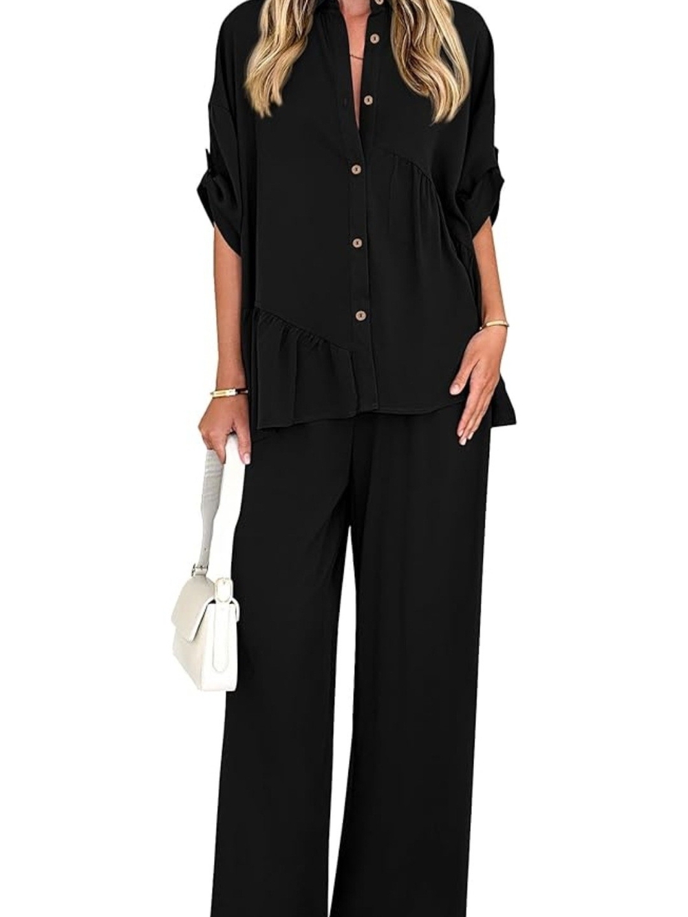 Women's Black Button-Front Wide Leg 2 Piece Lounge Set